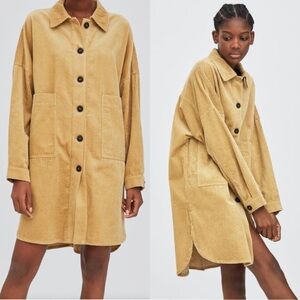 ZARA Oversized Corduroy Button Down Shacket or Shirt Dress in Camel Tan - XS